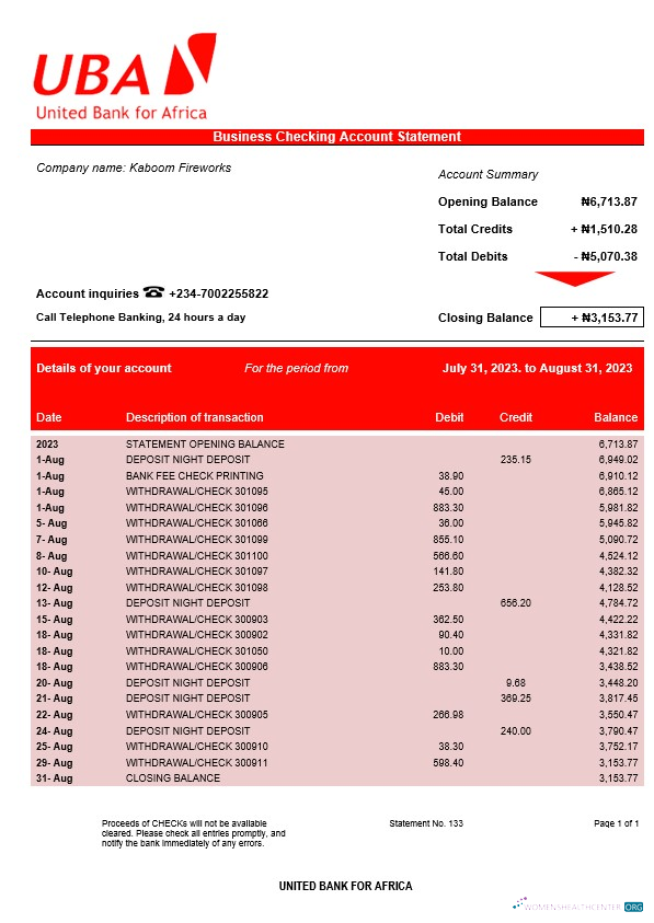 Download United Bank for Africa organization account statement Word and PDF template Photoshop template